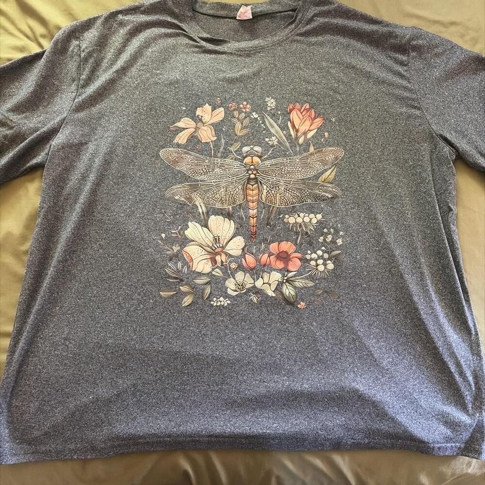 Women's Grey Floral Dragonfly Cottagecore Botanical T-shirt XXL